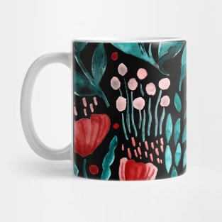 Watercolor flower garden -  orange and blue on dark background Mug